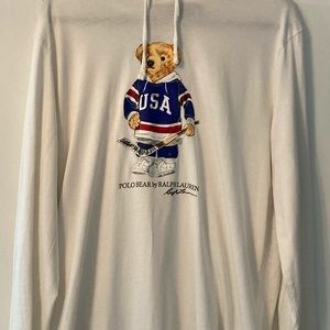 White hoodie with Polo hockey bear